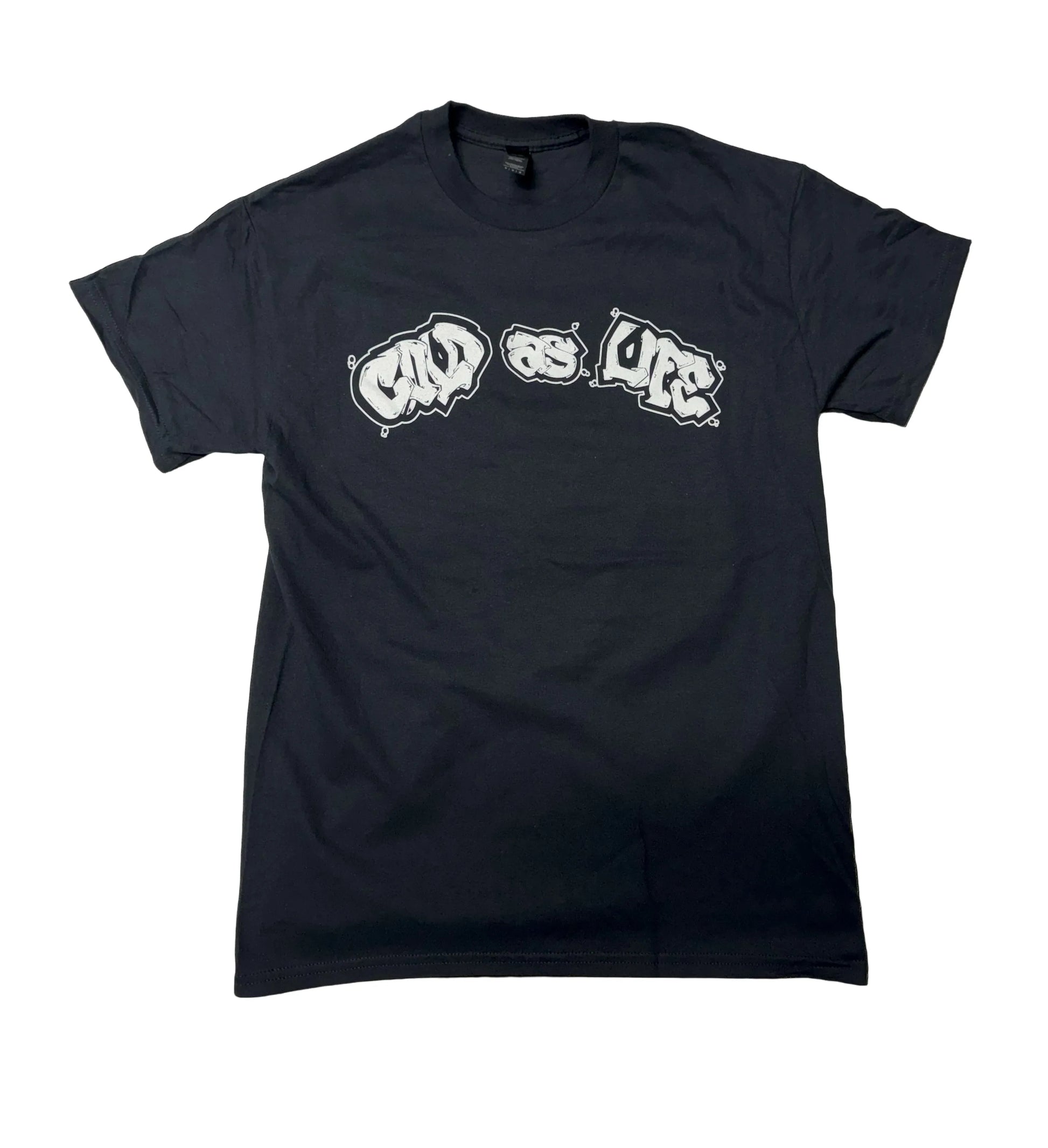 Black t-shirt with white graphic design on a black background