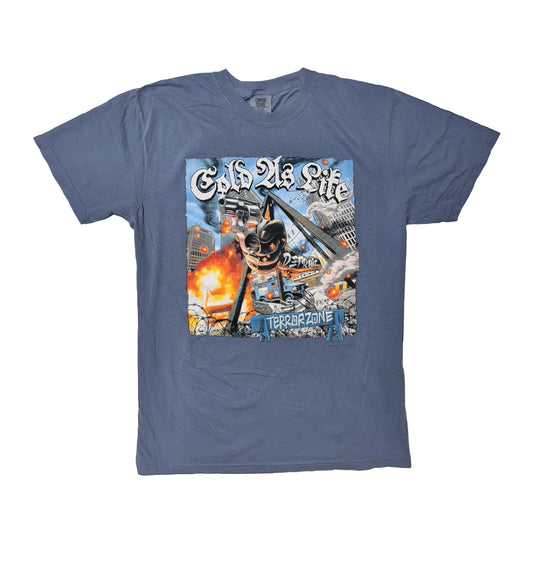 Blue t-shirt with a graphic design on a black background