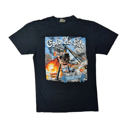 Black t-shirt with a graphic design featuring a character and text on a black background