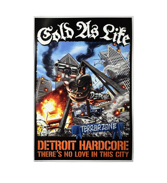 Poster with 'Cold As Life' text and graphic design elements on a white background