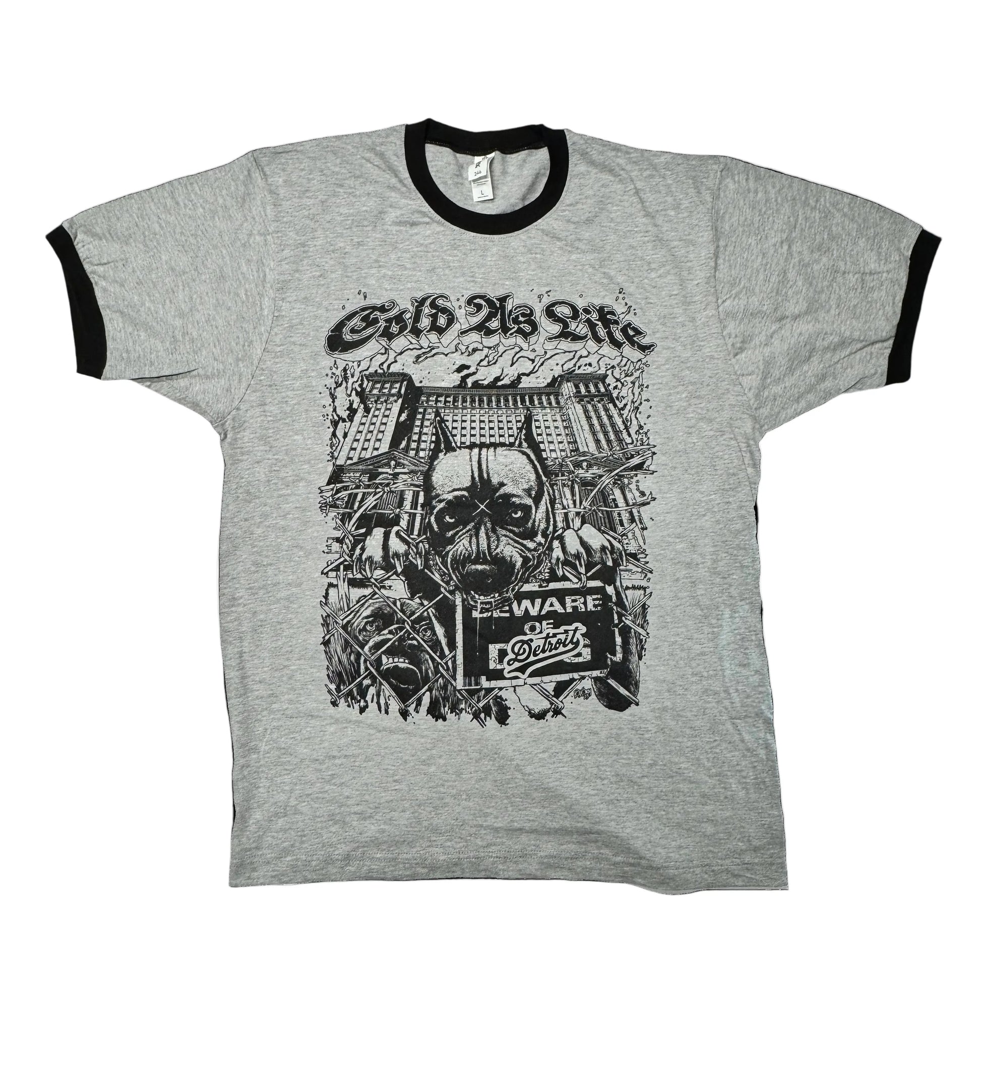 Gray t-shirt with black ringer sleeves featuring a graphic design on a white background