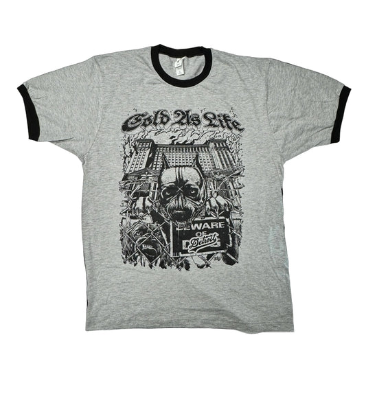 Gray t-shirt with black ringer sleeves featuring a graphic design on a white background