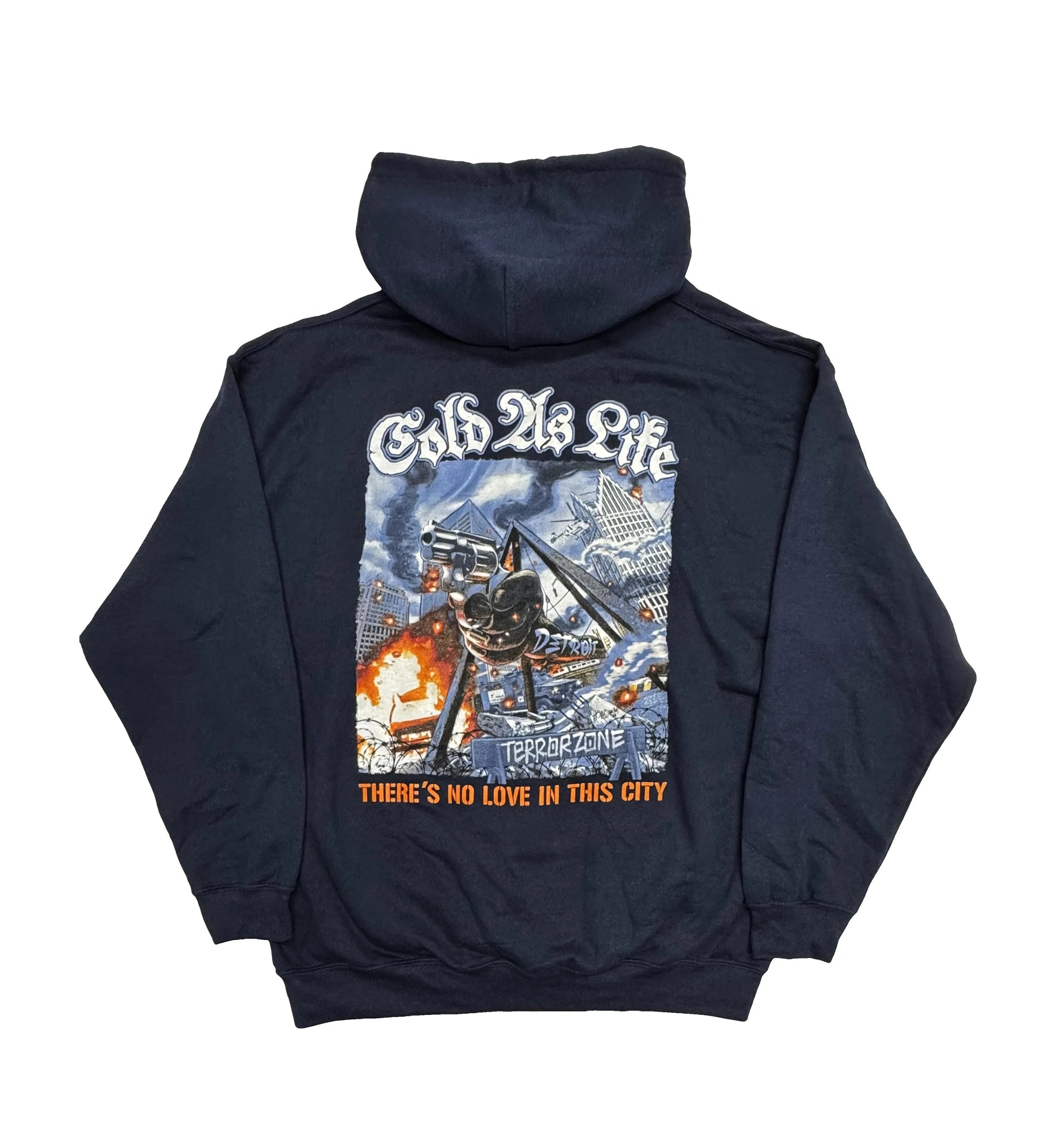 Navy hoodie with graphic design on the back on a white background