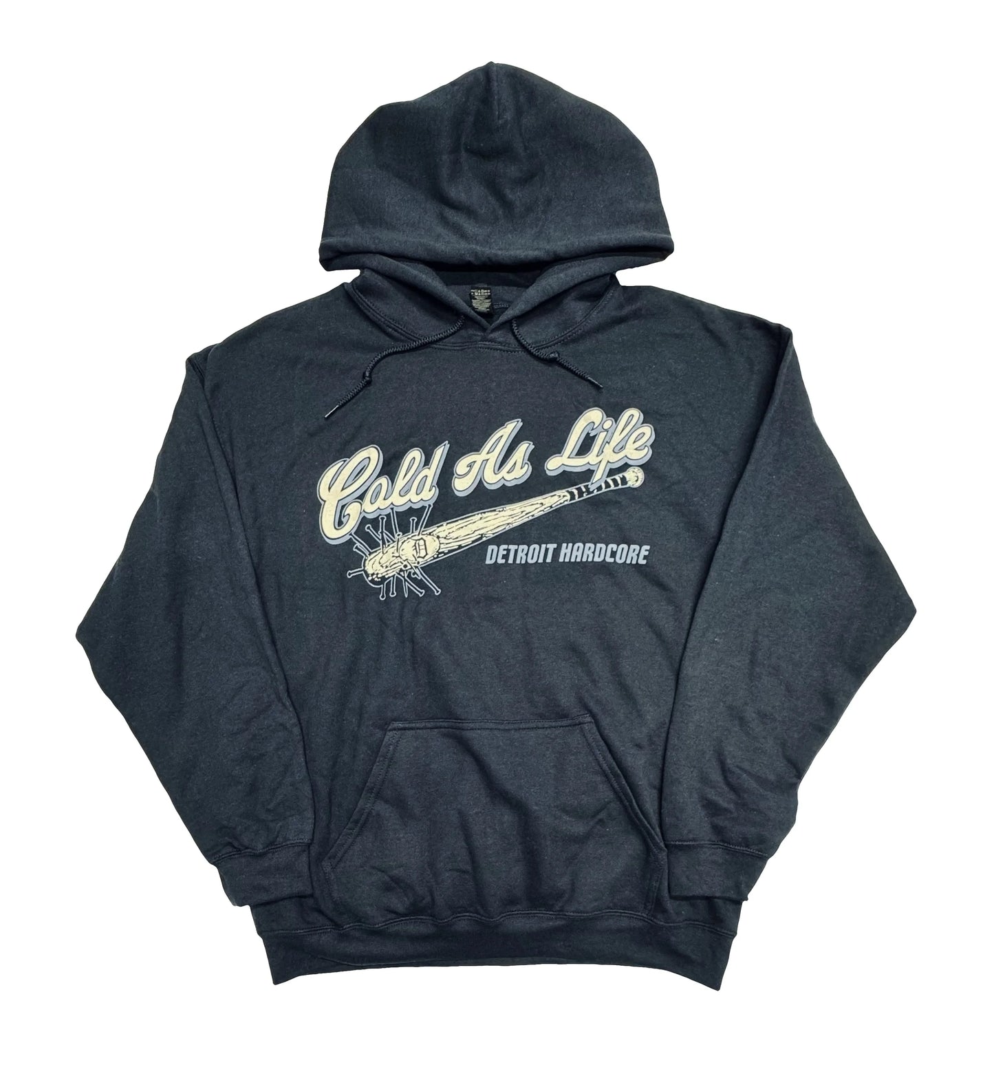 Dark gray hoodie with 'Cold As Life' graphic design on a white background
