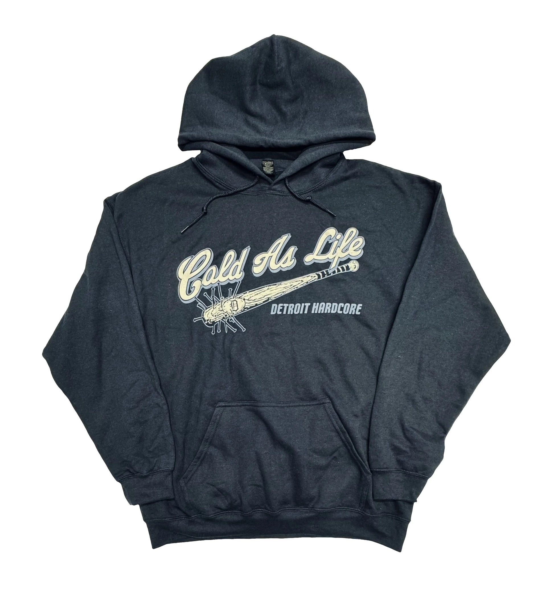 Dark gray hoodie with 'Cold As Life' graphic design on a white background