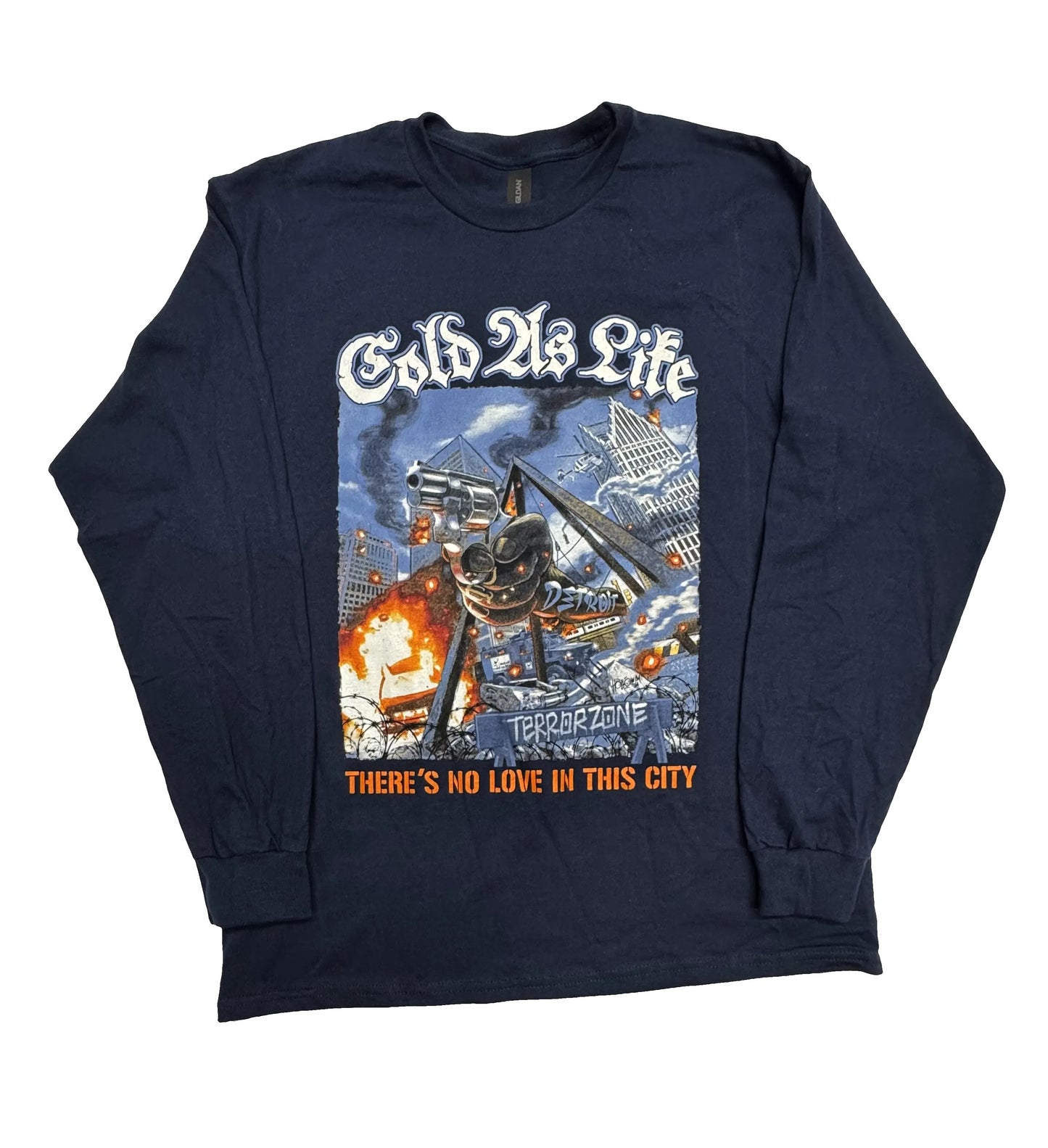 Navy blue long-sleeve shirt with graphic design and text on a white background